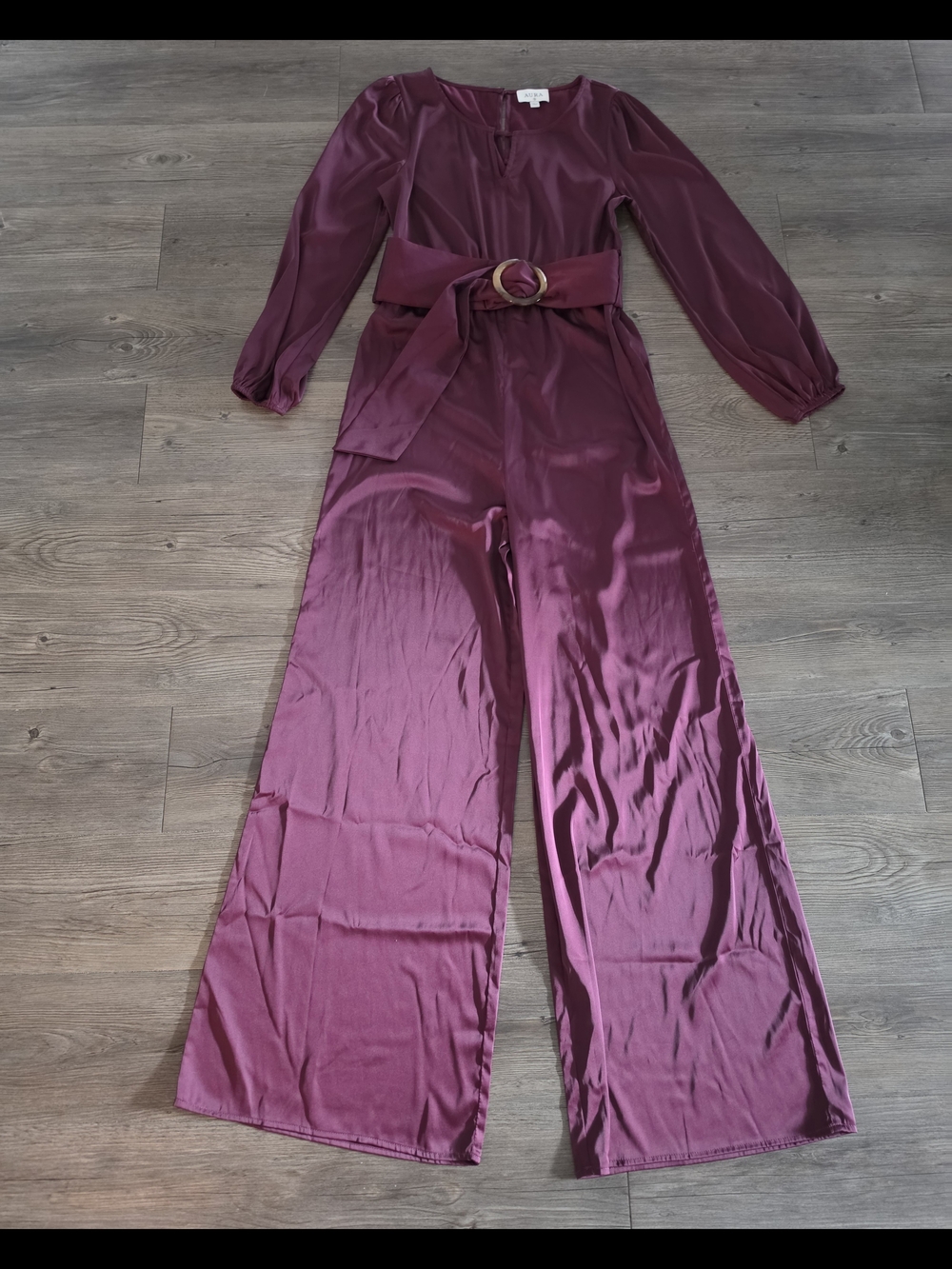 Aura Wine / Burgandy Satin Long-Sleeve Jumpsuit with Belt